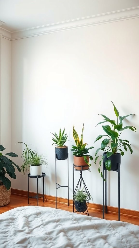 A cozy bedroom with various plants displayed on tall stands, adding height and interest to the decor.