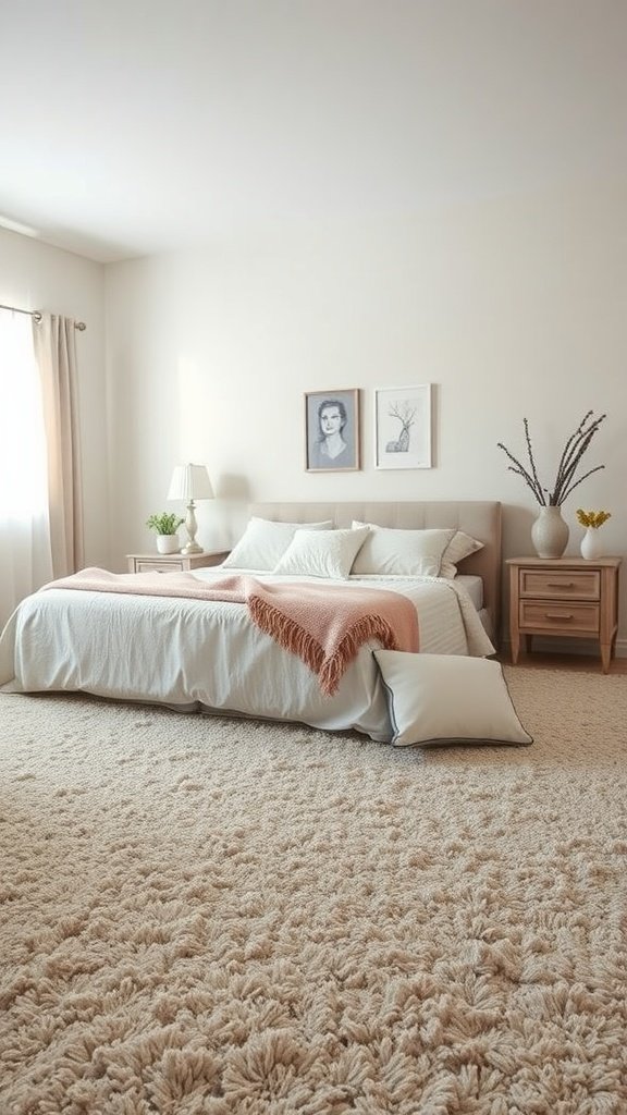 Cozy bedroom with soft rug, warm colors, and comfortable bedding.