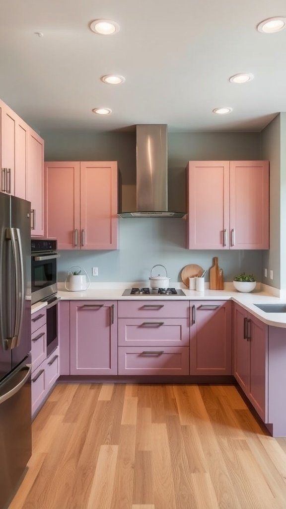 A kitchen with pink and lavender two-tone cabinets showcasing a subtle ombre effect.