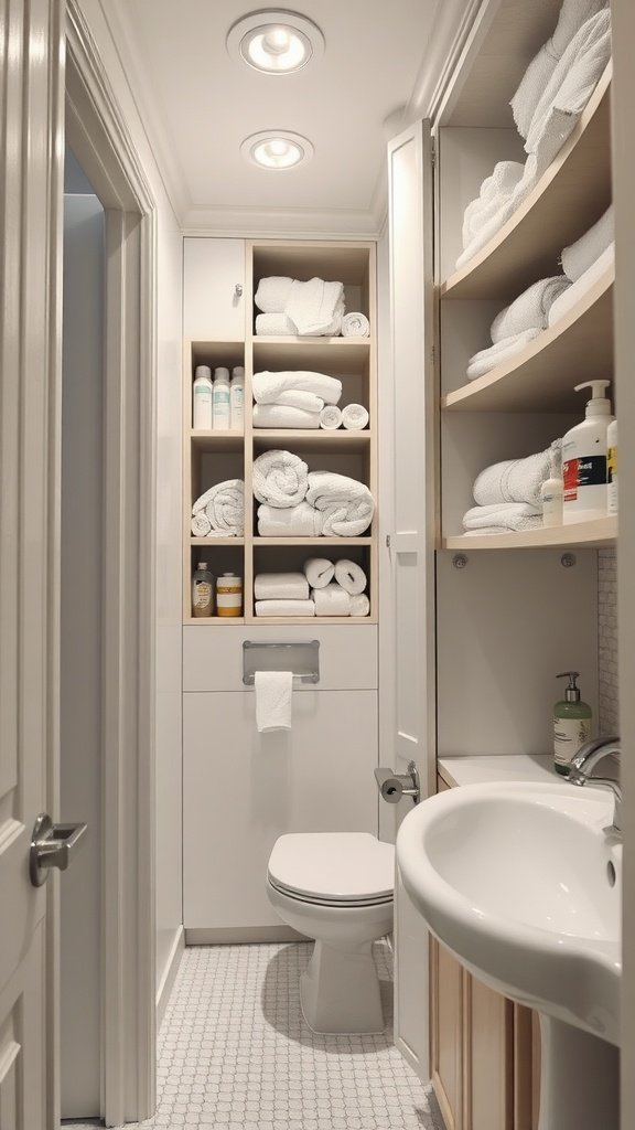 Narrow bathroom with tall storage cabinets filled with towels and toiletries.