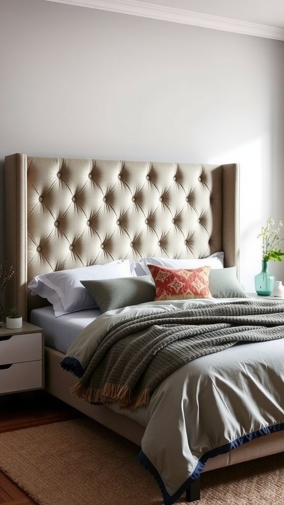 Cozy bedroom with a plush bed frame and layered textures