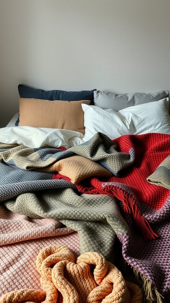 A cozy bed with layered throws and blankets in various textures and colors.