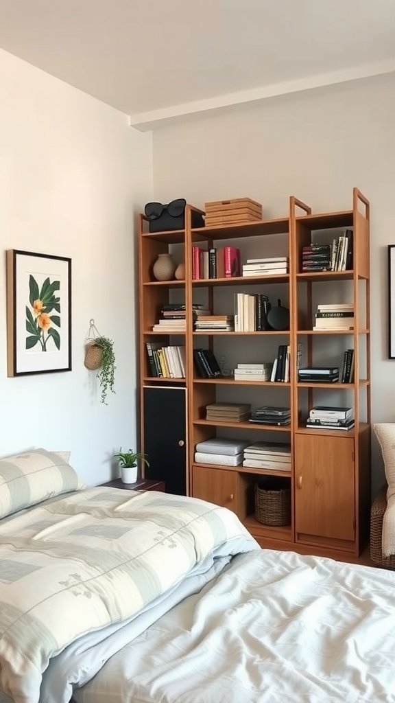 A small bedroom with a bed and a tall bookshelf filled with books and decorative items.