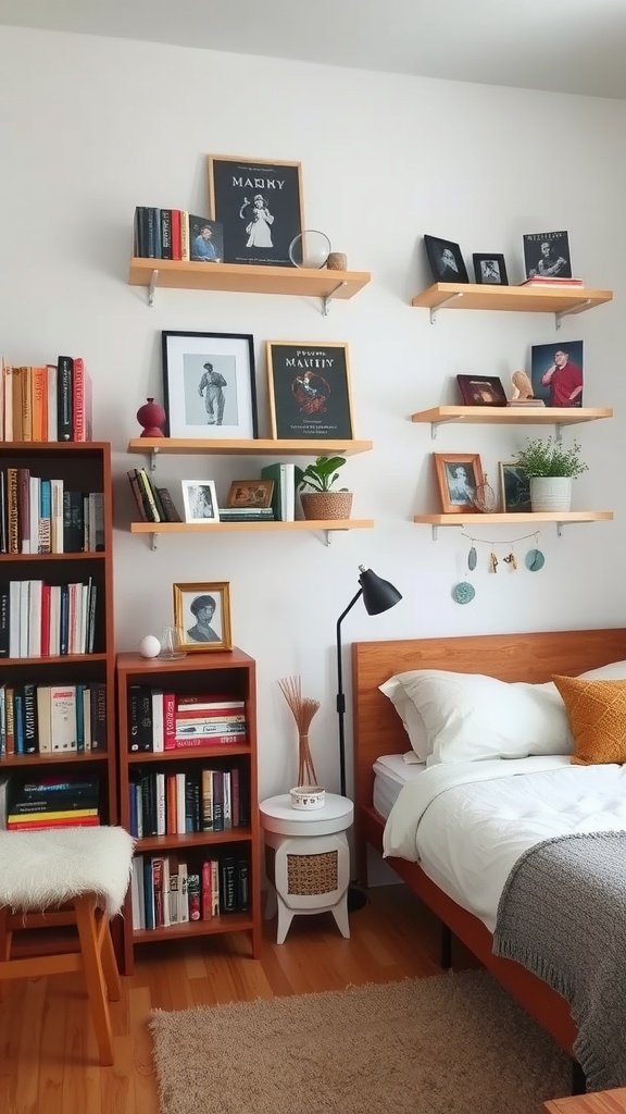 A cozy bedroom featuring vertical wall shelves with books, photos, and plants, complemented by wooden furniture.