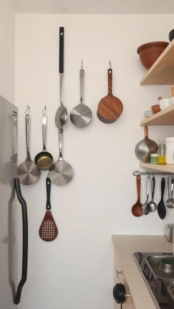 A small kitchen featuring vertical storage solutions with pots and utensils hanging on the wall.