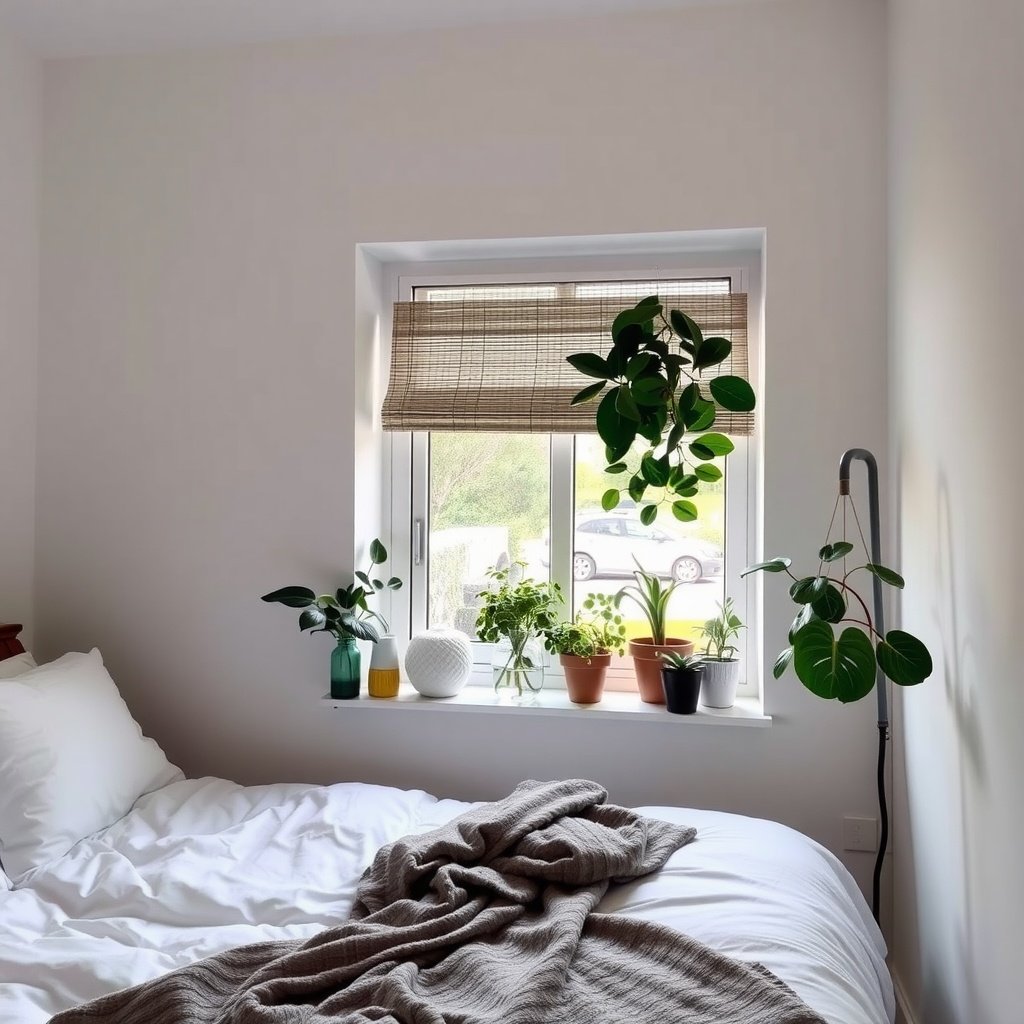 A bright bedroom featuring a window sill adorned with potted plants, creating a vibrant and inviting atmosphere.