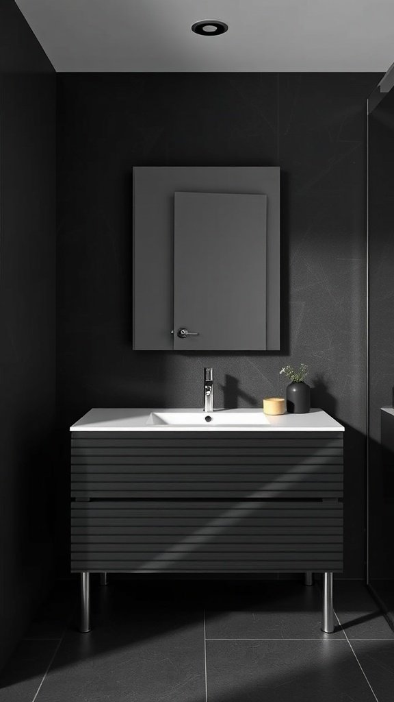 A modern dark bathroom vanity with asymmetric stripes and a sleek design.