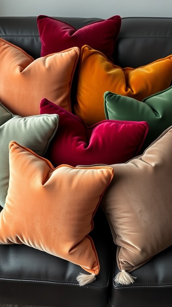Colorful velvet pillows on a black couch.