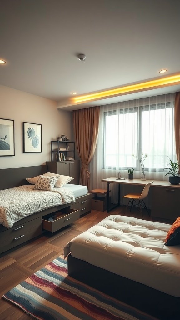 A stylish bedroom featuring multi-use furniture, including a bed with storage drawers, a desk, and a cozy chair.