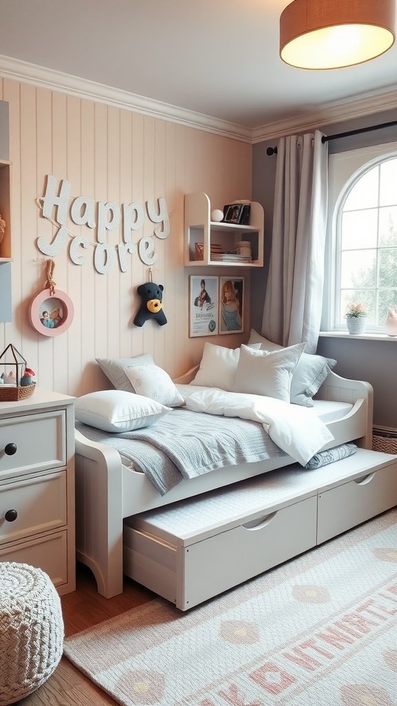 A cozy children's bedroom featuring a trundle bed with storage.