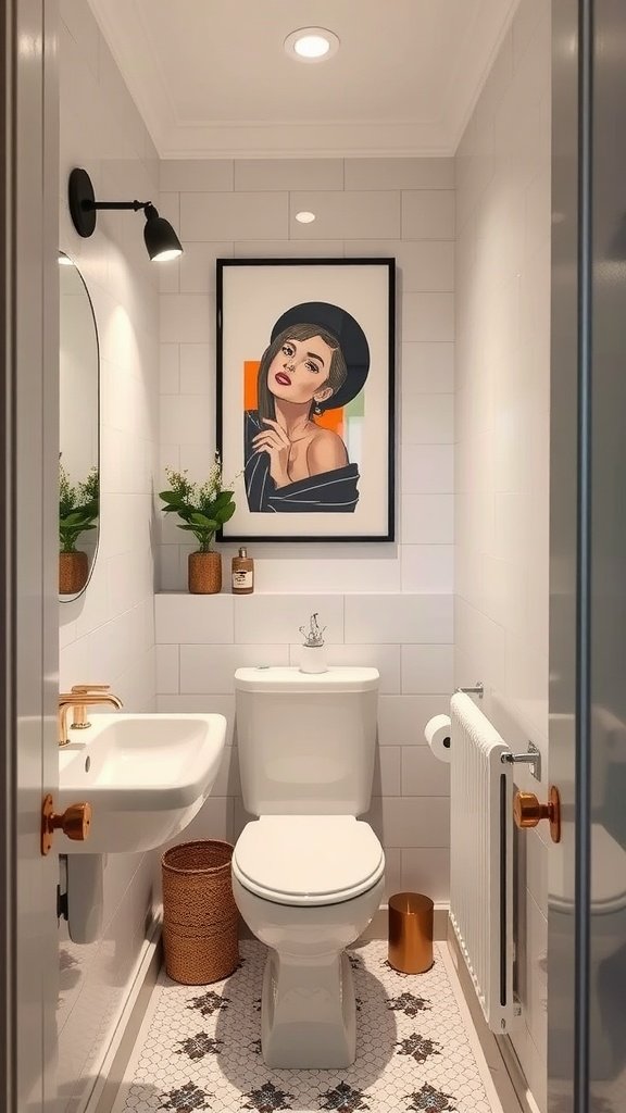 A narrow bathroom featuring a portrait artwork on the wall, decorative plants, and modern fixtures.