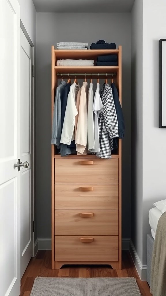A vertical dresser with hanging clothes and folded items, perfect for small bedroom storage.
