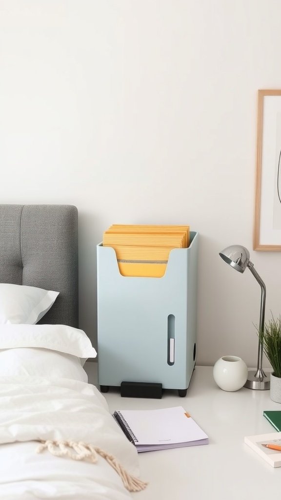 A vertical file storage box next to a bed, organizing documents and files.