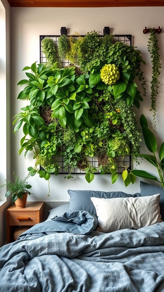 A vertical garden in a bedroom with green plants and decorative letters.