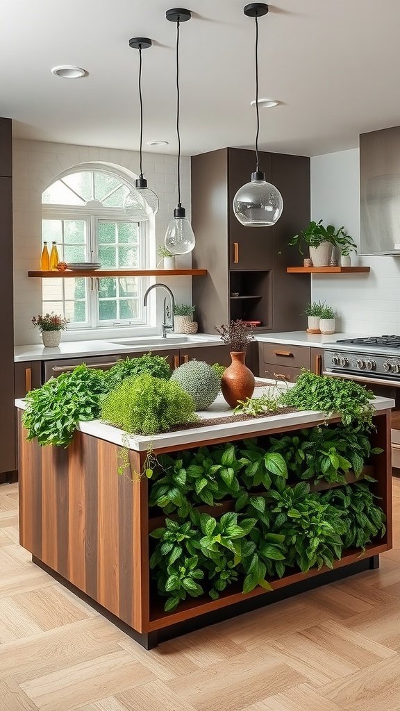 A kitchen island featuring a vertical garden with various herbs and plants.