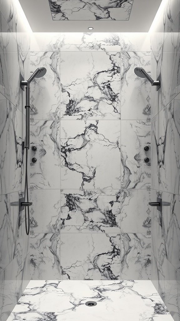 A modern shower featuring vertical marble panels with intricate veining.