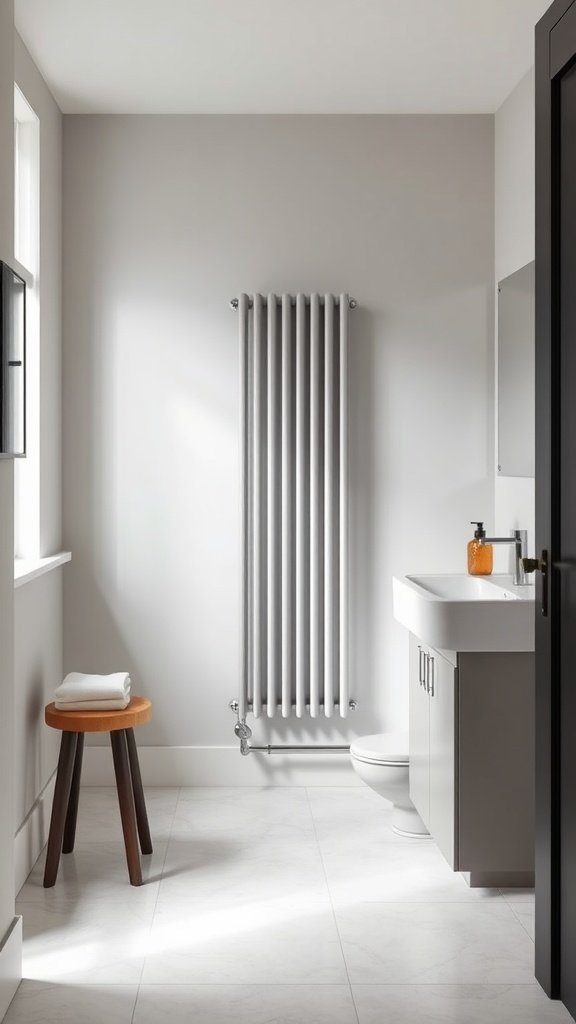 Narrow bathroom featuring a vertical radiator, a modern sink, and a wooden stool.