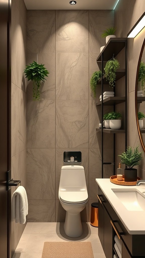 A narrow bathroom featuring vertical shelving units with plants and towels.