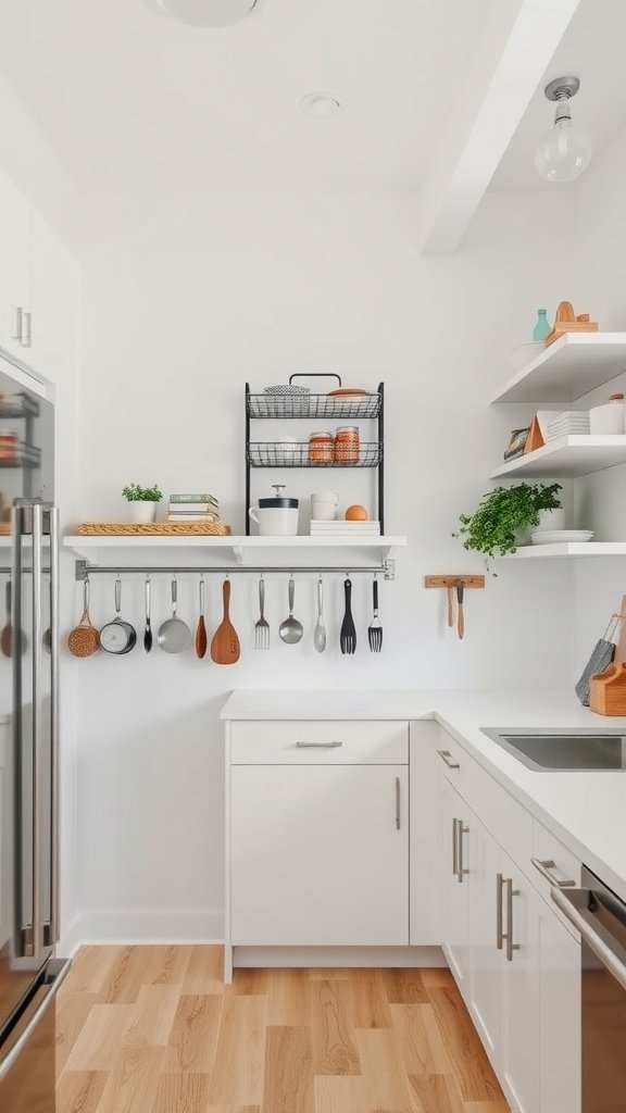 A minimalist kitchen showcasing vertical storage with shelves and a hanging rack.