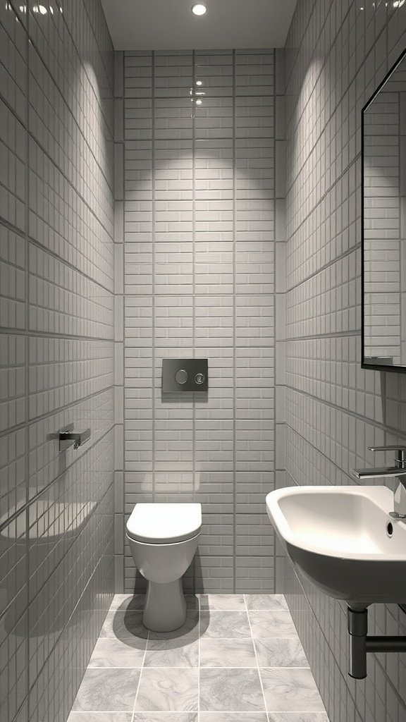 Narrow bathroom with vertical gray tiles, featuring a toilet and sink.