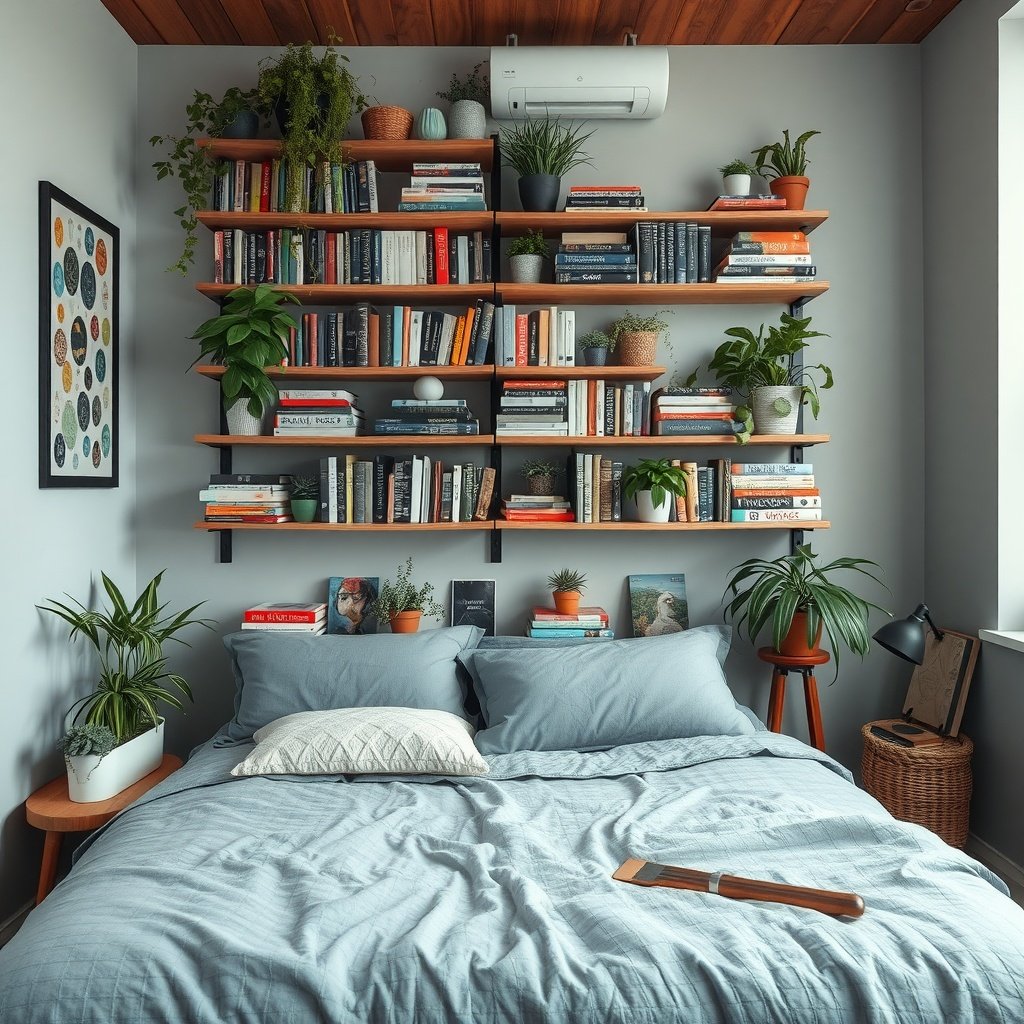 A cozy bedroom with vertical wall shelves filled with books and plants above the bed.