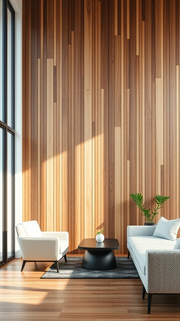 Living room with vertical wood plank wall, light furniture, and a modern coffee table.