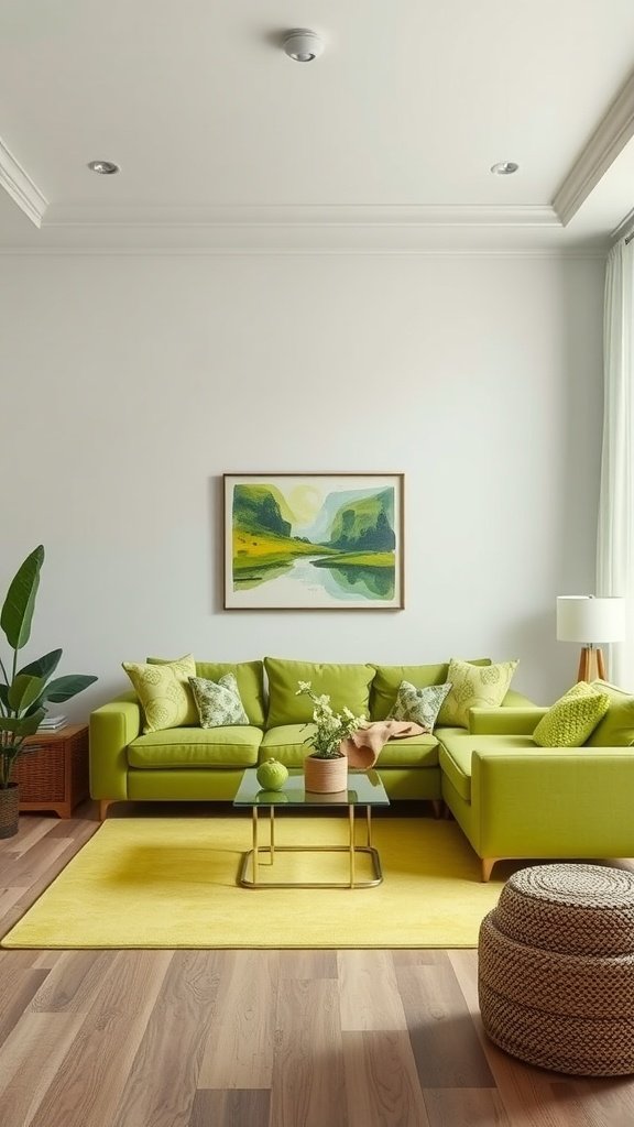 A lime green living room with a matching sofa, yellow rug, and vibrant artwork.
