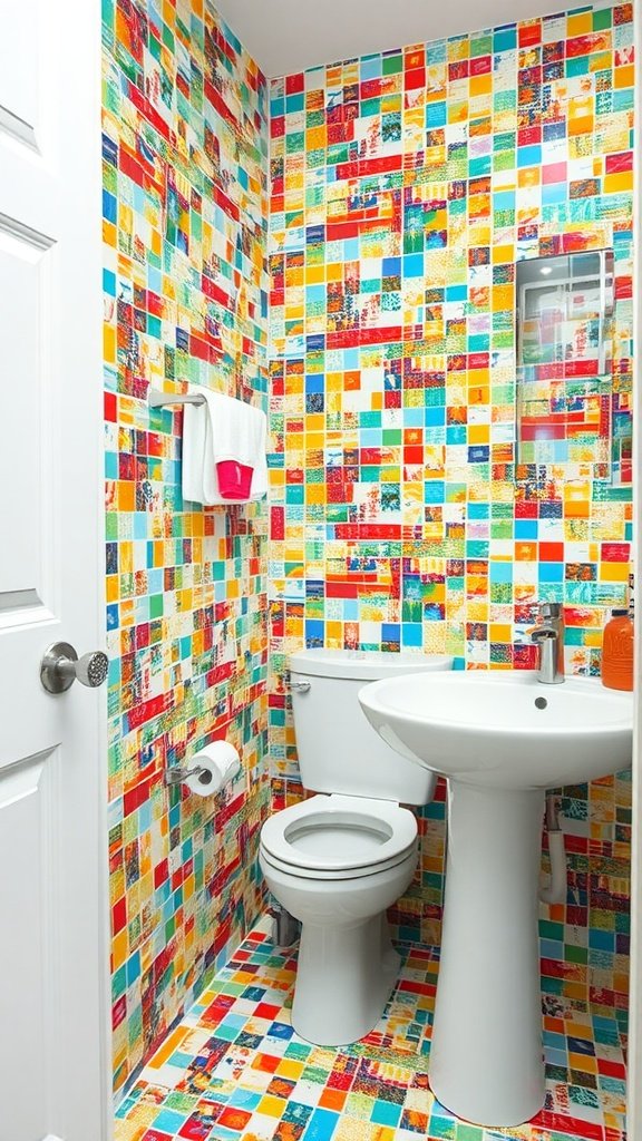 Colorful mosaic tile pattern in a small bathroom