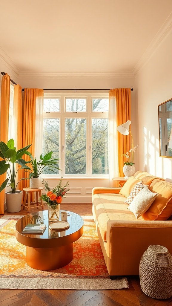 A bright living room featuring orange curtains, a matching couch, and cream accents, with plants and a stylish coffee table.