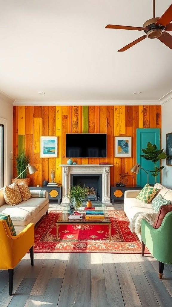 Modern living room with vibrant painted wood paneling and colorful furniture.