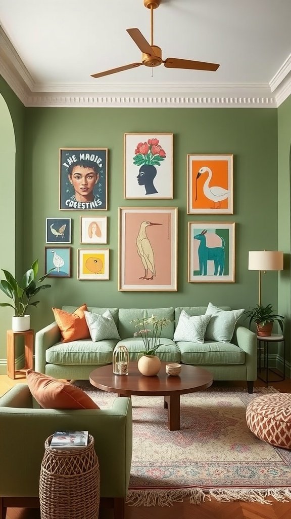 A vibrant sage green living room featuring light curtains, art on the walls, and a cozy seating area.