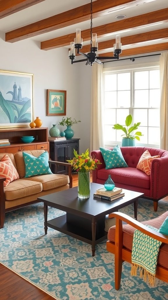 A modern living room with vibrant teal walls and warm wood furniture.