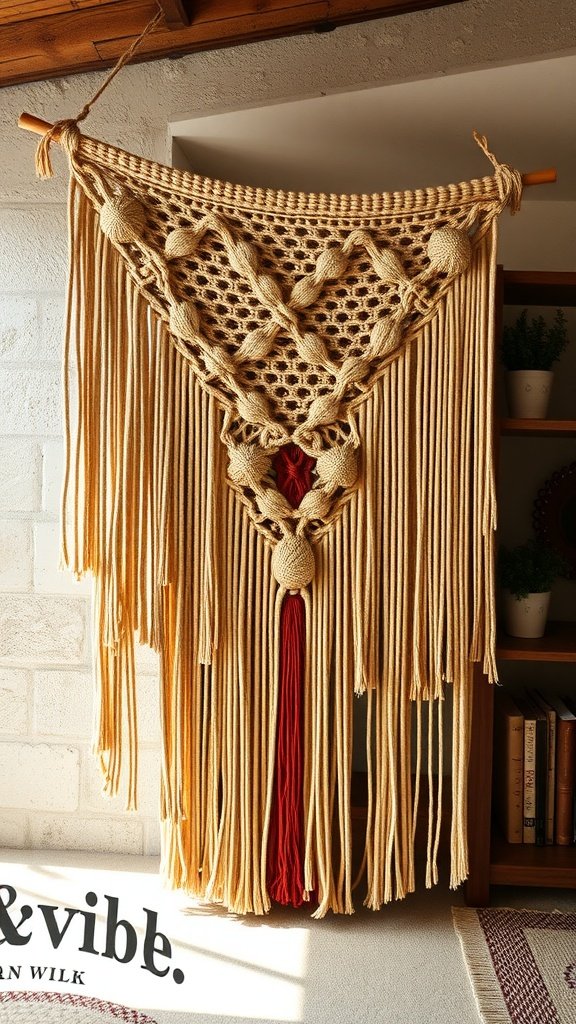 A vintage-inspired macramé wall hanging featuring intricate knots and tassels.