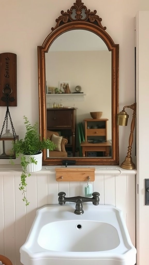 A vintage-style pedestal sink with a decorative mirror above it, complemented by shiplap accents and greenery.
