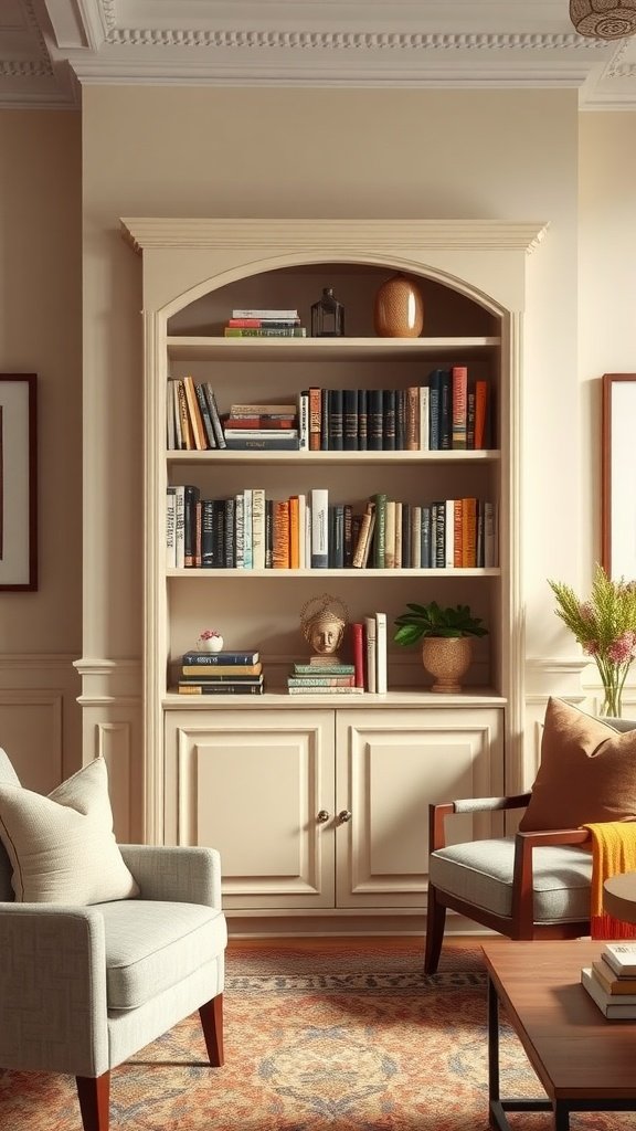 A vintage beige bookshelf filled with books and decorative items in a cozy living room setting.
