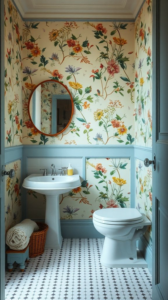 Small bathroom with vintage botanical wallpaper, sink, and toilet.