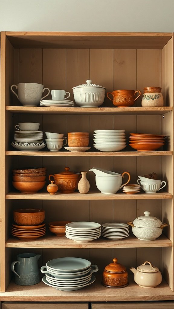 A wooden shelf filled with various ceramic dishware in earthy tones, showcasing an eclectic mix of vintage designs.