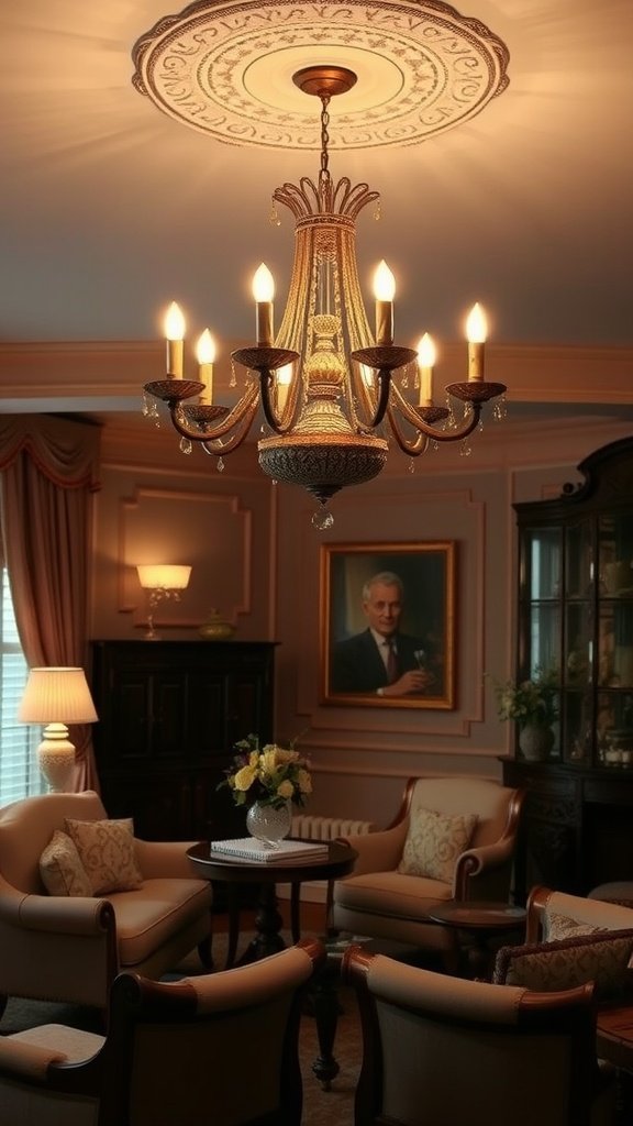 A vintage chandelier hanging in a stylish living room with elegant furniture.