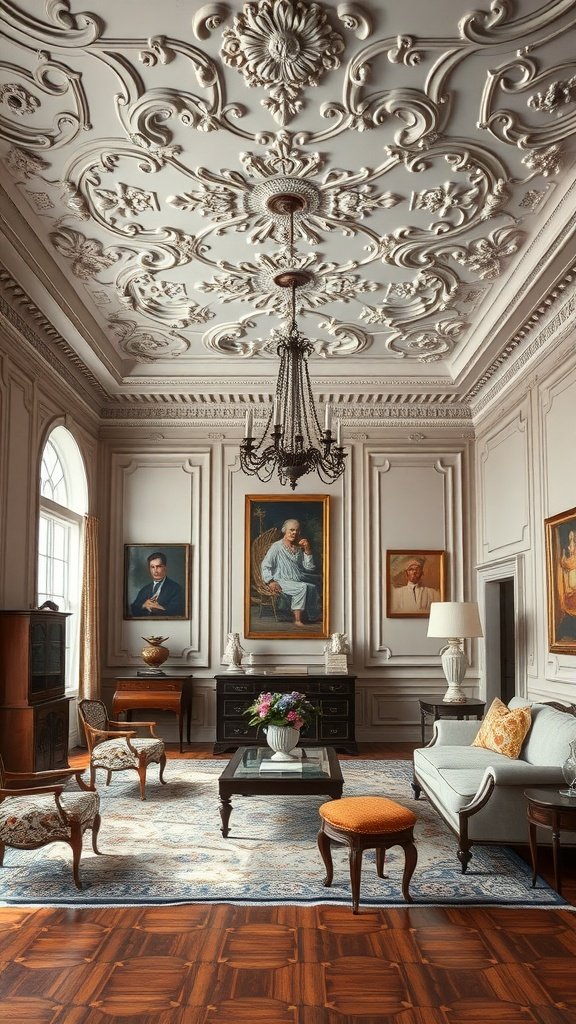 Living room with ornate vintage ceiling and classic furnishings