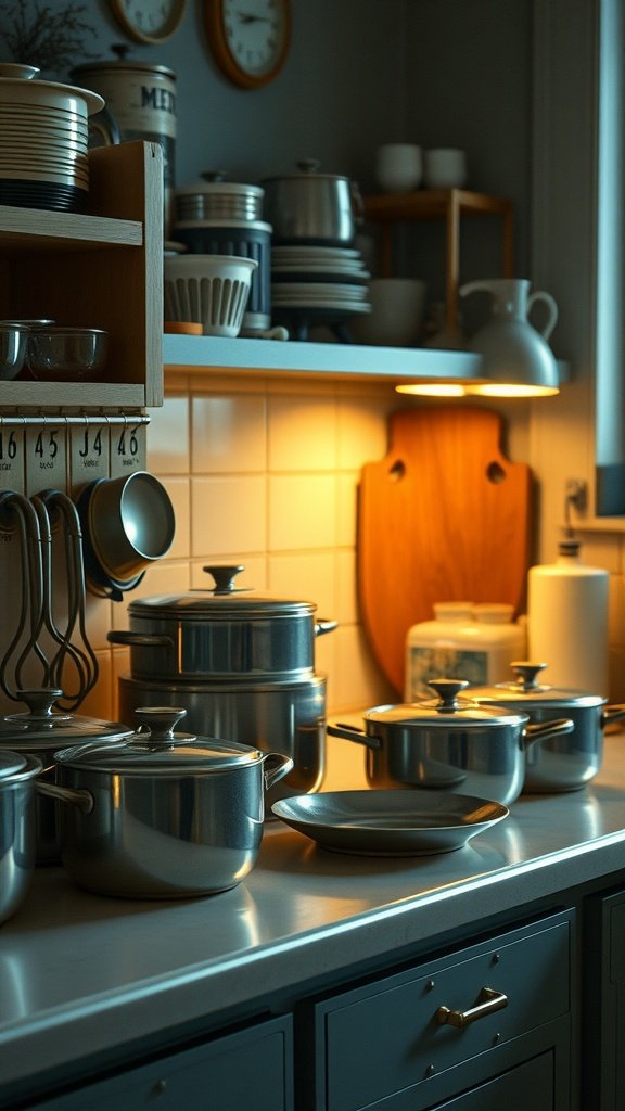 A cozy kitchen displaying vintage cookware and rustic elements.