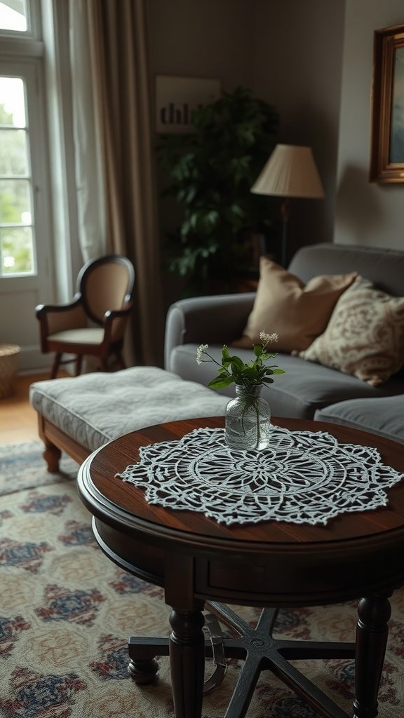 A vintage crochet doily on a wooden table in a cozy living room.