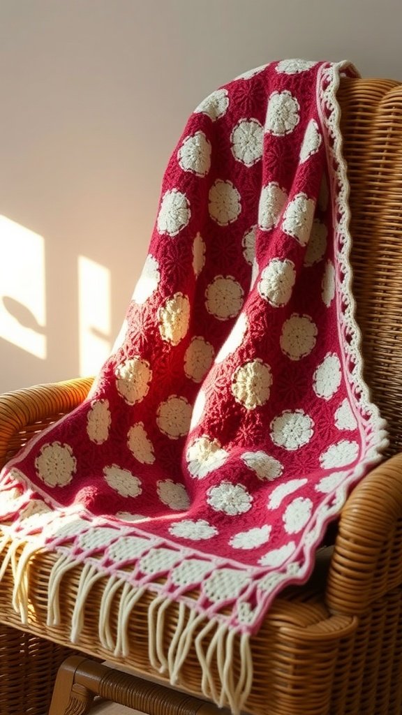 A vintage crochet throw blanket in pink and white draped over a wicker chair.