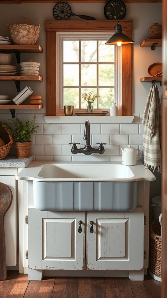 A vintage farmhouse sink with rustic touches in a cozy kitchen setting.