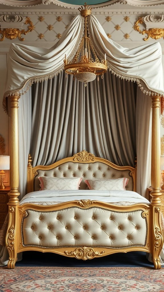 A luxurious vintage glam canopy bed with elegant drapery and ornate details.