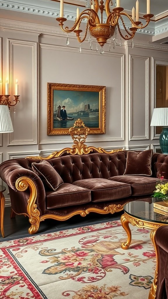 A vintage glam velvet sofa with ornate gold detailing, set against a sophisticated backdrop.