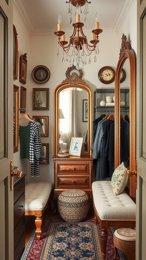 A vintage-inspired walk-in closet with antique mirrors, elegant furniture, and warm lighting.