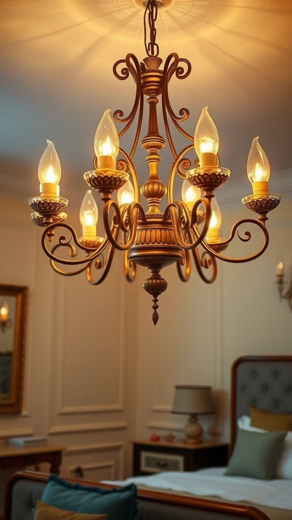 Elegant vintage chandelier with warm light illuminating a stylish bedroom.