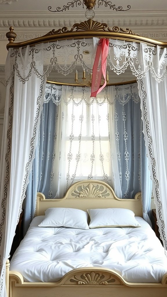 A vintage lace canopy bed with soft pillows and light curtains creating a cozy atmosphere.