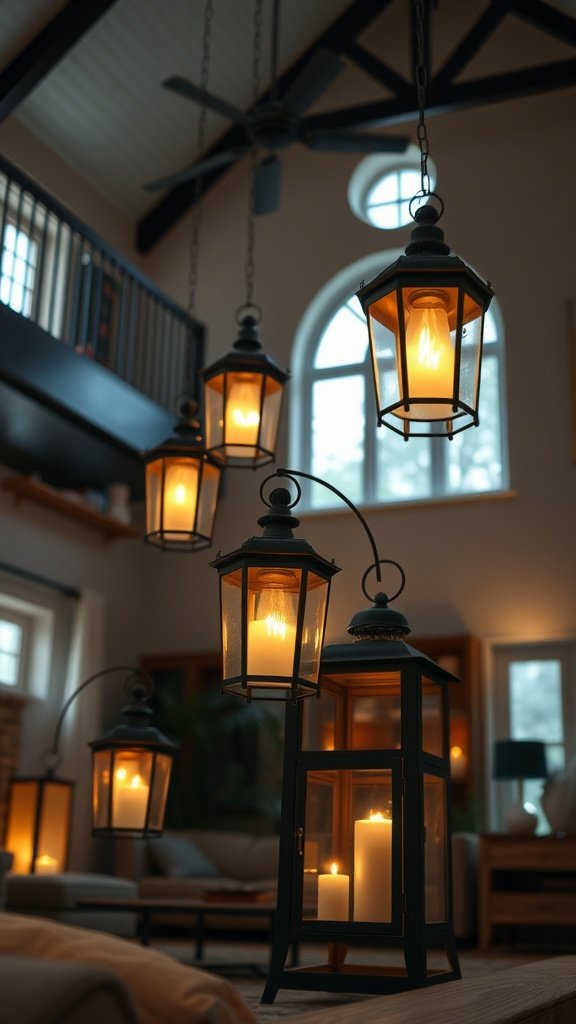 Hanging vintage lanterns in a spacious living room with modern decor.