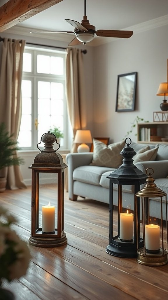 A cozy living room featuring vintage lanterns with candles, creating a warm and inviting atmosphere.